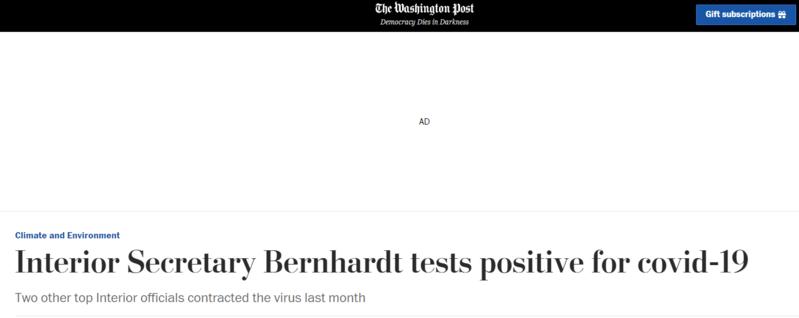 美媒：美内政部长戴维·伯恩哈特新冠病毒检测阳性
